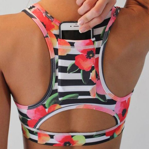Other - Floral Striped Back Pocket Sports Bra